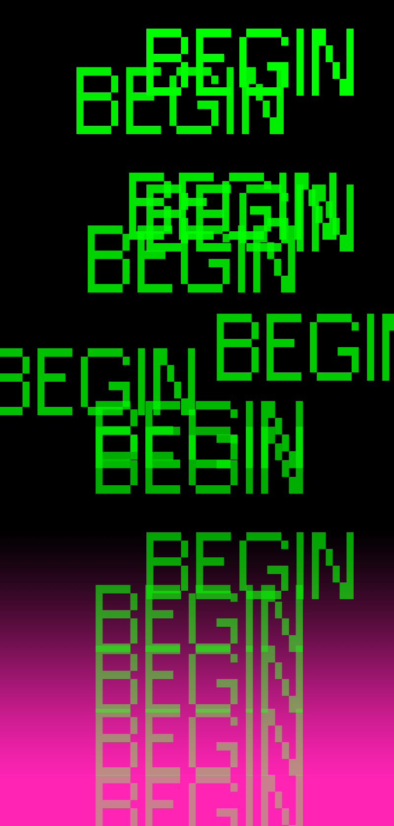 the word begin repeating atop black pink gradient